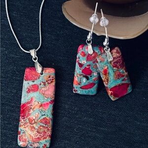 Beautiful Aqua & Hot Pink Sea Sediment Jasper Pendant & Earring Set